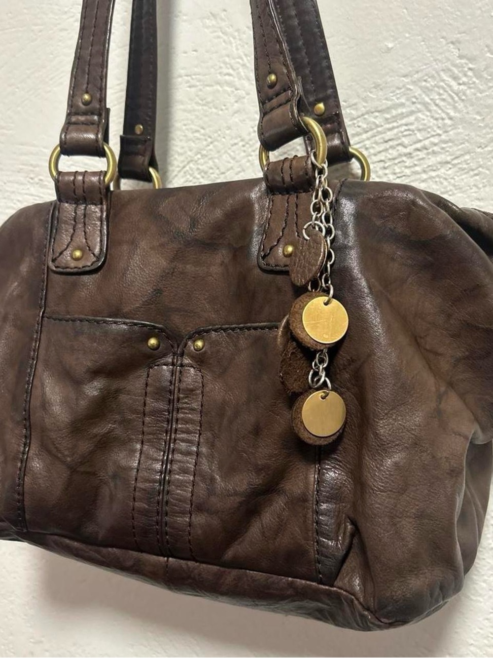 Stone Mountain Accessories Brown Leather Shoulder Bag with Brass Accent Charms